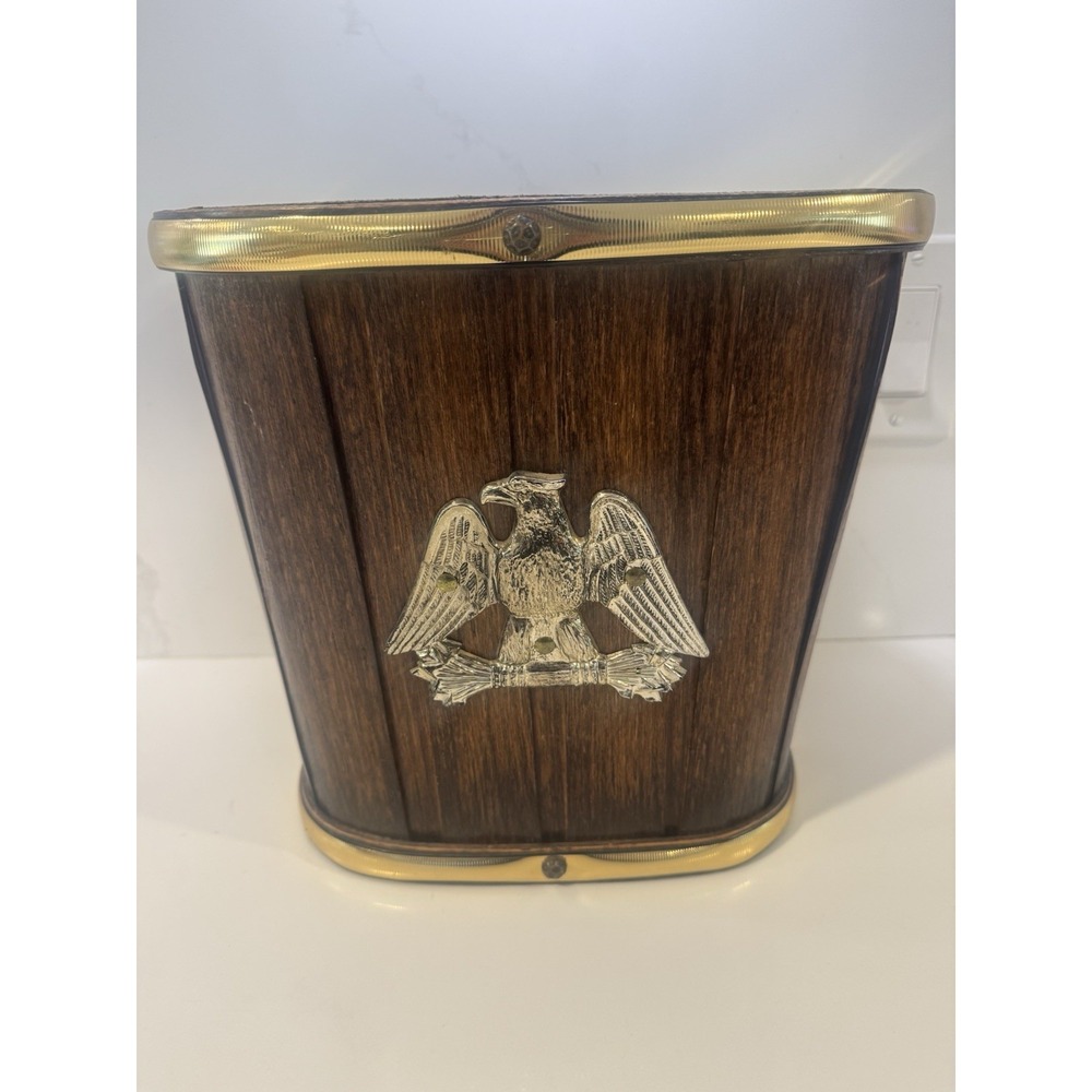 Vintage Basketville Putney Vermont Wood Wastebasket Brass Eagle Trash Can 11.5"
